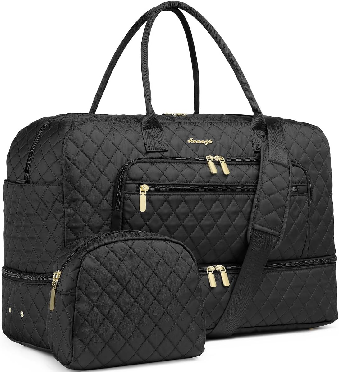 Large Women Travel Duffle Bag – Carry on Overnight Bag Weekend Travel Duffel Tote Bag Yoga Gym Bag with Wet Pocket Toiletry Weekender Overnight Bag for Travel Business Trips Sport Hospital Black