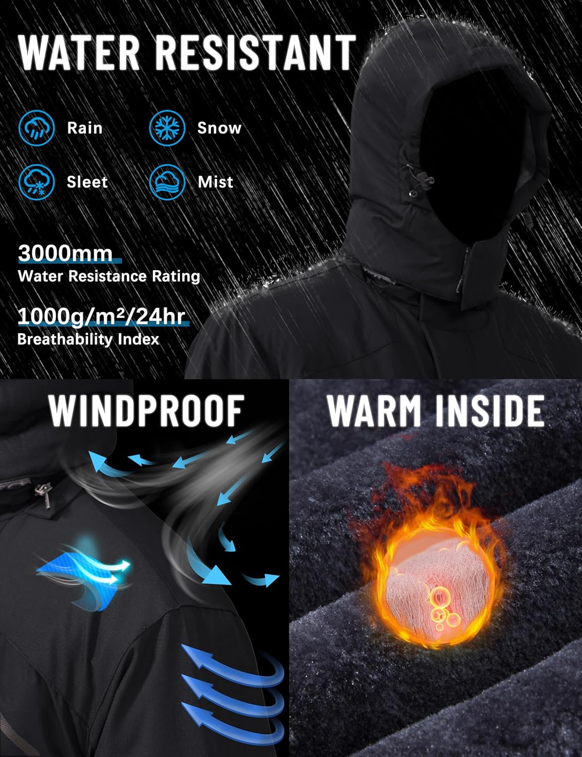 Men's Winter Skiing Jackets Water Resistant Fleece Coats Insulated Thermal Snowboard Jacket Parka Raincoat with Hood - Image 2