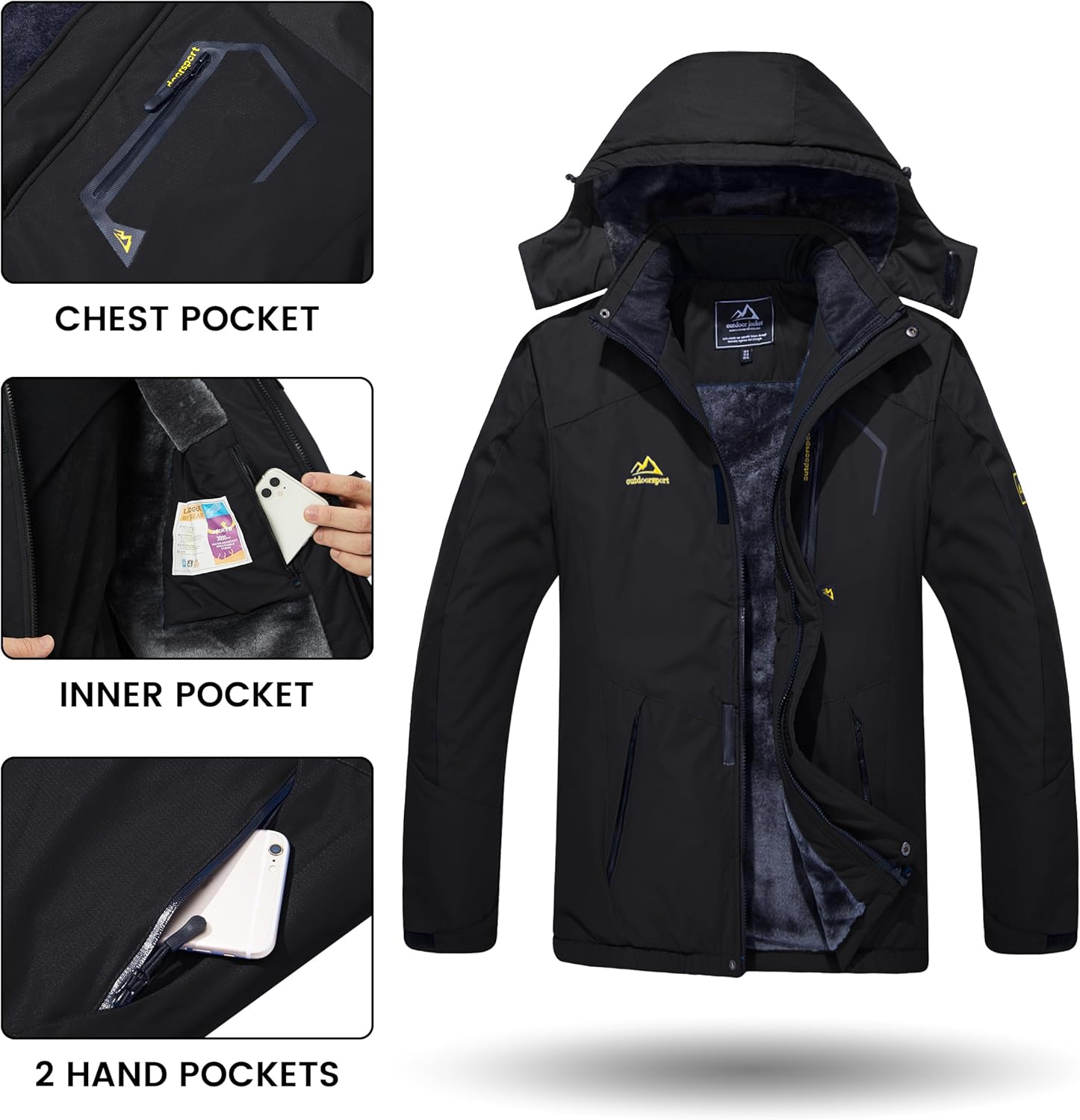 Men's Winter Skiing Jackets Water Resistant Fleece Coats Insulated Thermal Snowboard Jacket Parka Raincoat with Hood - Image 5