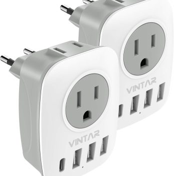 2 Pack European Travel Plug Adapter, VINTAR International Power Plug Adapter with 1 USB C, 2 American Outlets and 3 USB Ports, 6 in 1 Travel Essentials to Most of Europe Greece, Italy(Type C)