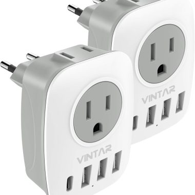 2 Pack European Travel Plug Adapter, VINTAR International Power Plug Adapter with 1 USB C, 2 American Outlets and 3 USB Ports, 6 in 1 Travel Essentials to Most of Europe Greece, Italy(Type C)